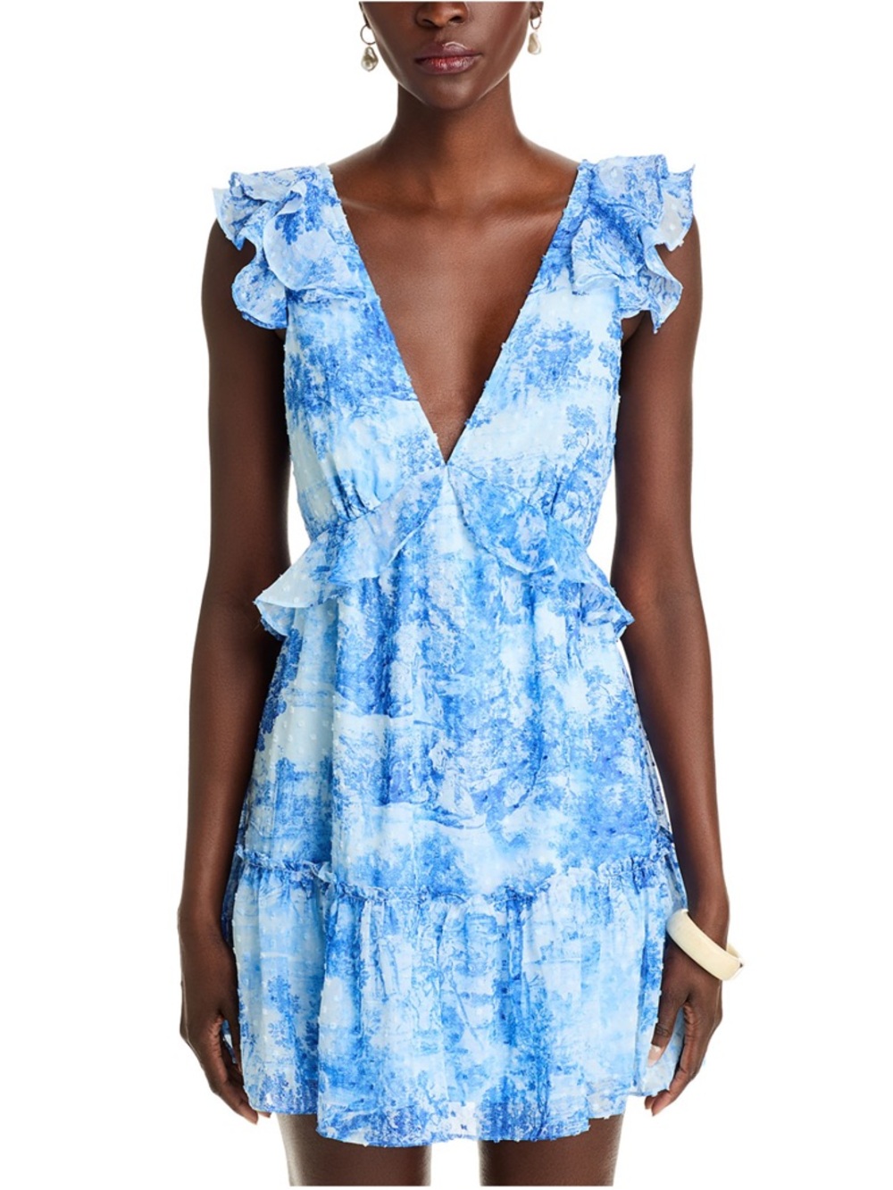 NEW- Aqua Toile Ruffle Trim Mini Dress